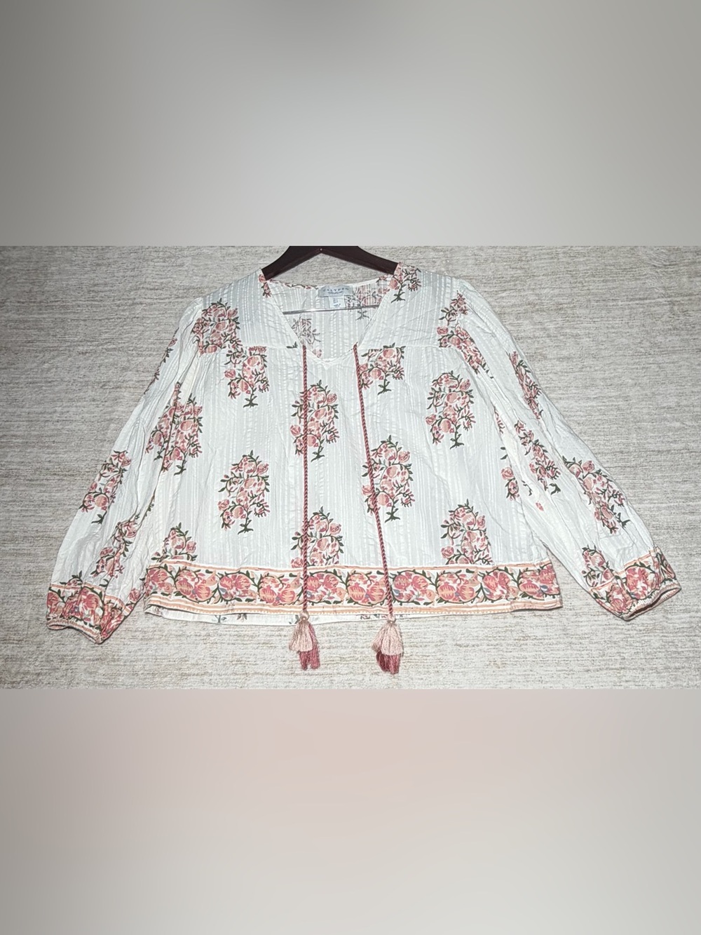 Calypso St. Barth Cream Blouse with Pink Floral Border and Tassels